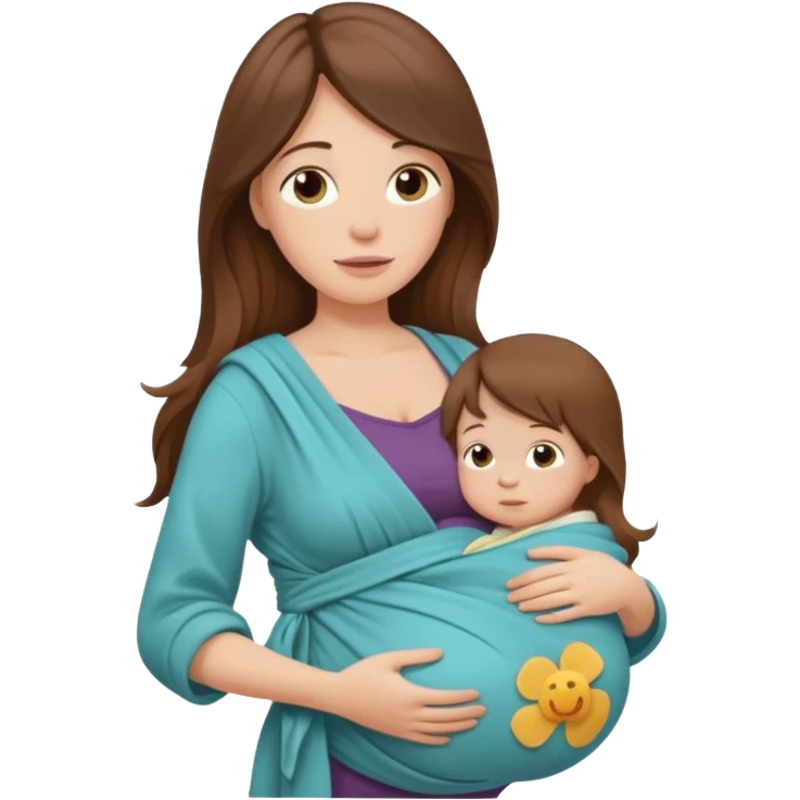 Pregnancy babywearing mom with long brown hair and fair skin with a baby and wrap  emoji