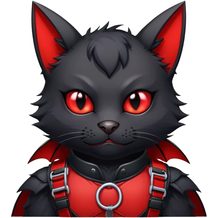 black edgy emo furry bat-cat-fursona-Fakémon with a red chest harness  emoji