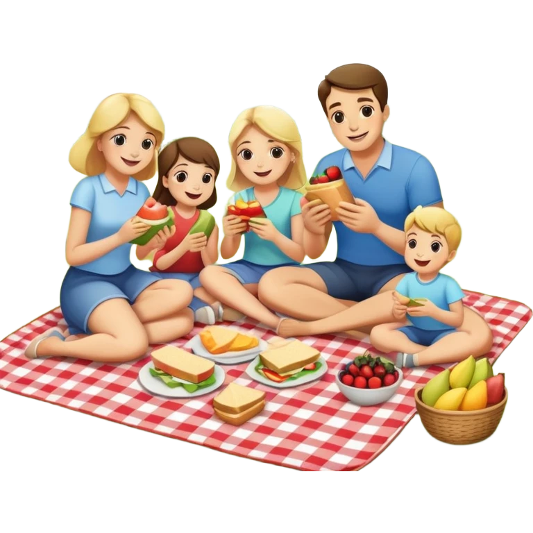 Family picnic with parents and children sitting on a blanket enjoying food outdoors emoji