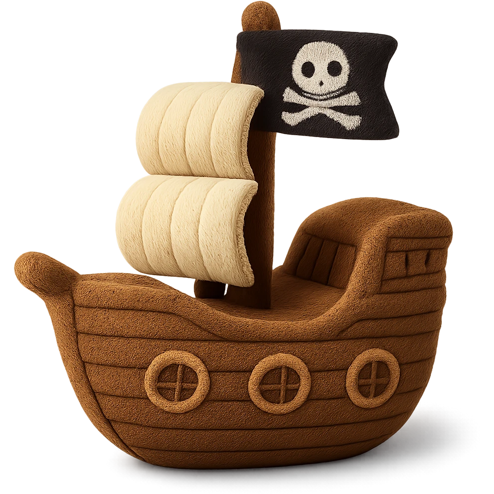 A plush pirate ship toy with soft fabric sails, embroidered wooden details, cute stitched portholes, and a friendly jolly roger flag emoji