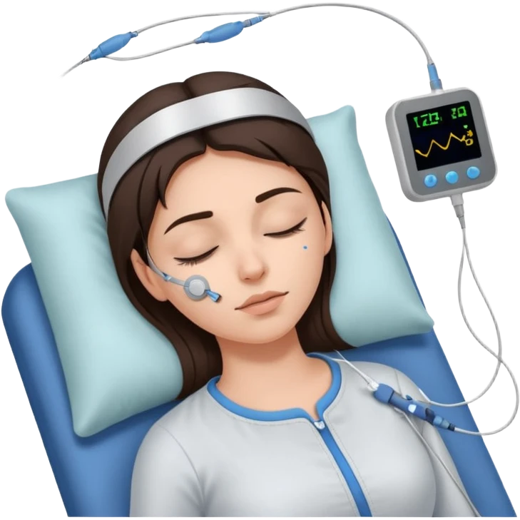 brunette woman sleeping polysomnography sleep test with electrodes attached to head emoji