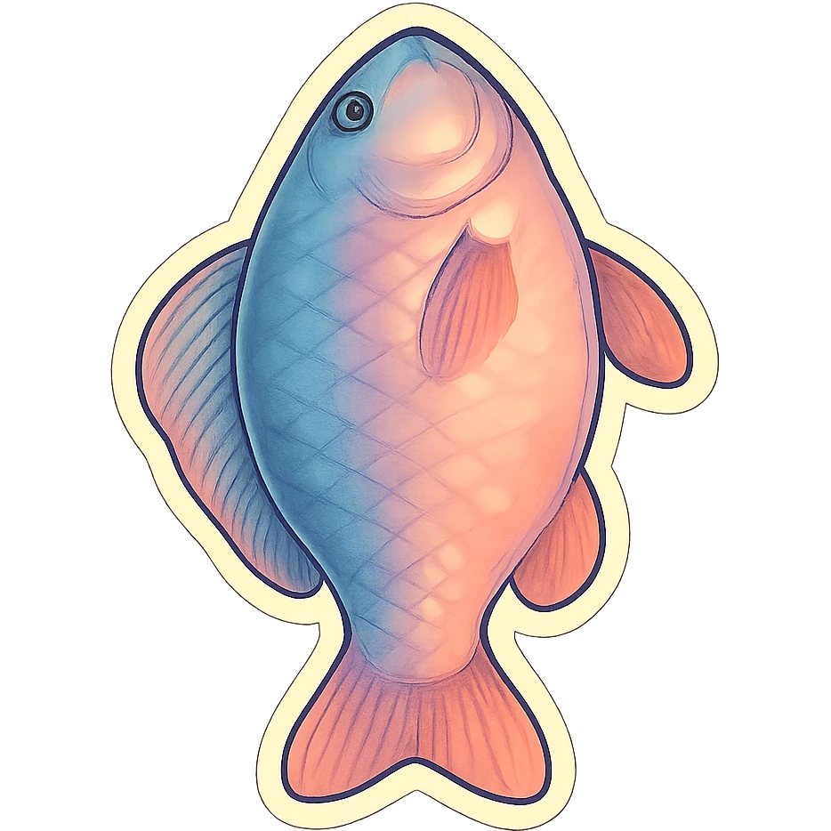 ordinary fish top view, very detailed and finely drawn, thin clean contours, soft rounded shapes, pastel palette #98B5BC, #B5B3C1, #C9A3C9, #E4C0CA, #F7DCD1, #F7C0AA, complex shadows and highlights, soft lighting, transparent background, minimalism, not cute, no decoration emoji