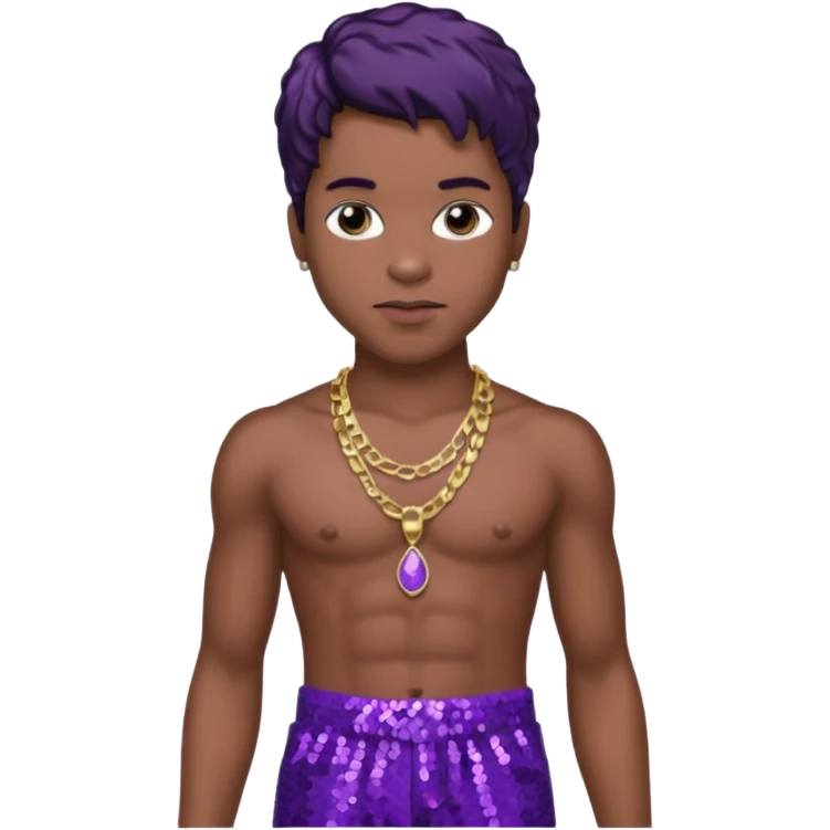 Prince Rogers Nelson with purple sequin baggy pants, shirtless with necklace, dark brown hair emoji