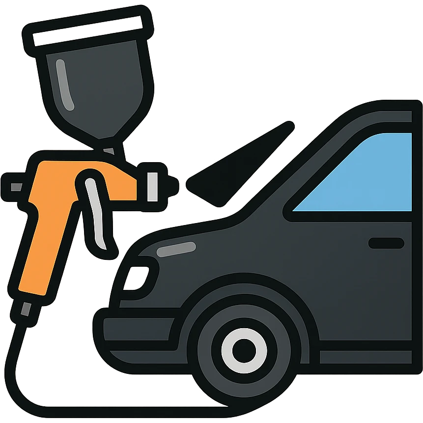 paint spray gun pointing at a section of a car, light layer of glossy black paint spraying out, main color glossy black with silver details, clean lines, modern and clean style, no excess paint emoji