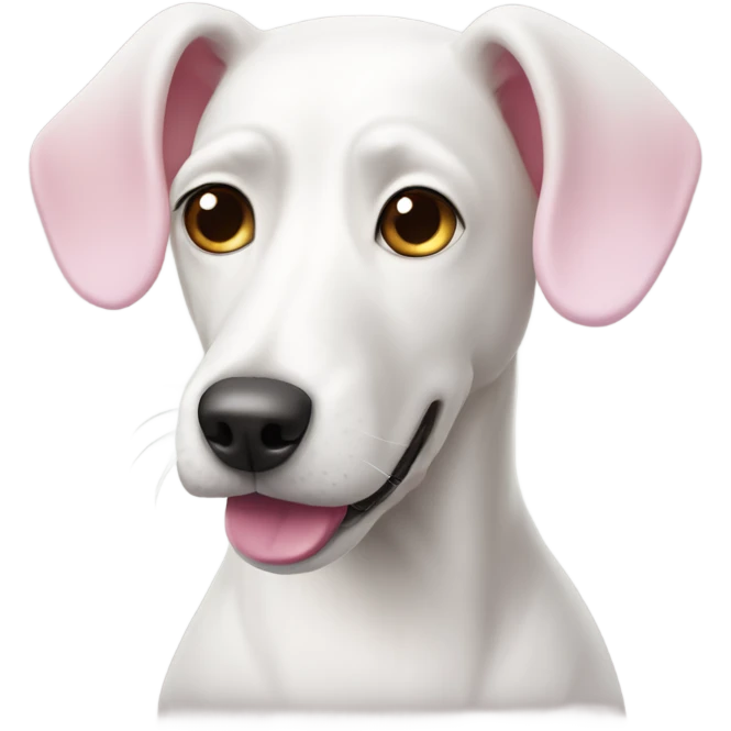 white dog with one ear up and the other ear down. long face and pink color emoji