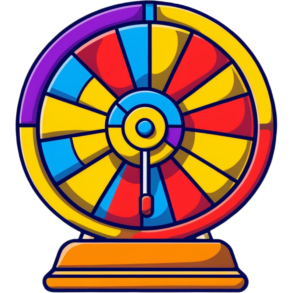 spinning fortune wheel with colorful sections and a pointer emoji