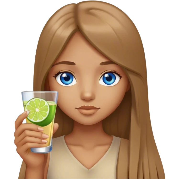 tan girl, long light brown straight hair, blue eyes, holding a shot with lime emoji
