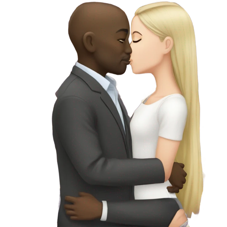 White girl dark hair kissing bald black man emoji