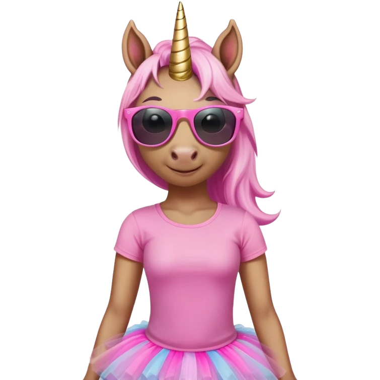 friendly anthropomorphised female unicorn with horse-like face, in tutu and pink t-shirt, wearing dark sunglasses, relaxed pose, close-crop head and shoulders portrait emoji