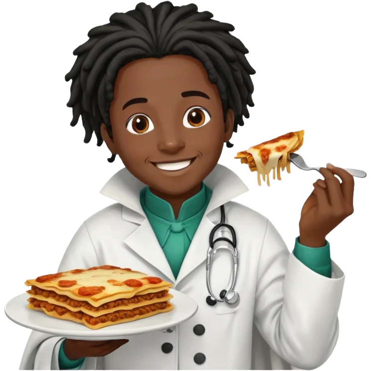  High fade black hair black skin smiling ponytail Dreadlocks doctor and nigerian cape eating lasagna  emoji
