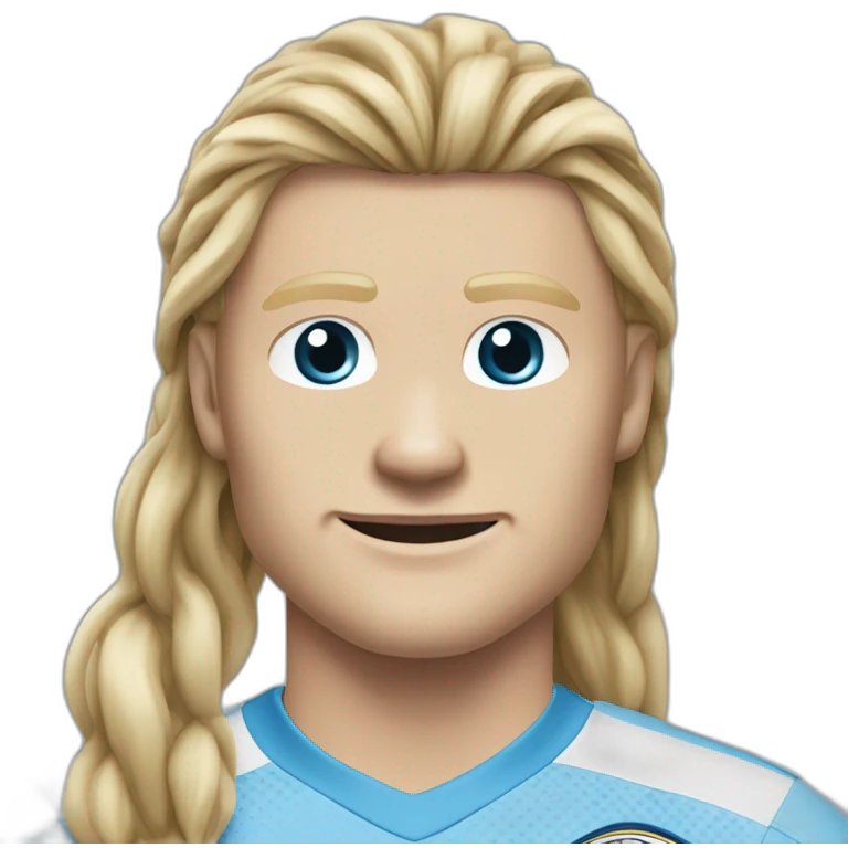 Realistic Erling Braut Haaland has long hair, in a catogan. He is wearing Manchester City football shirt.It has the numéro 9 emoji