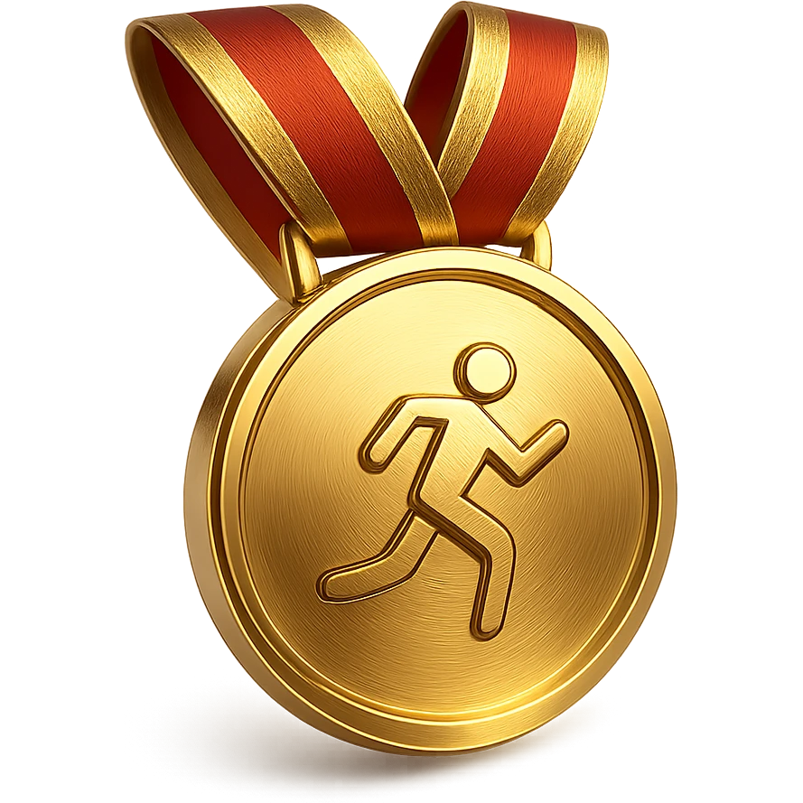 a gold medal with a ribbon, featuring a small icon of a person running, conveying sports expertise and achievement emoji