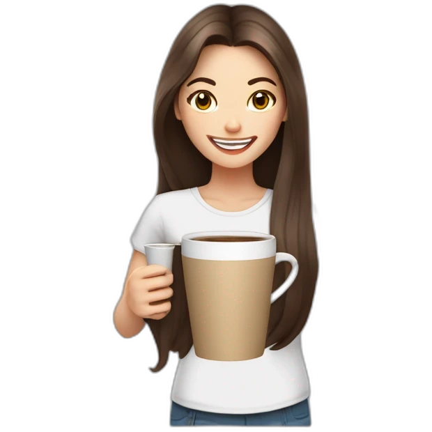 white young brunet woman with long hair with face visible huge smile and eyes wide open holding a cup of coffee the same size of her head emoji