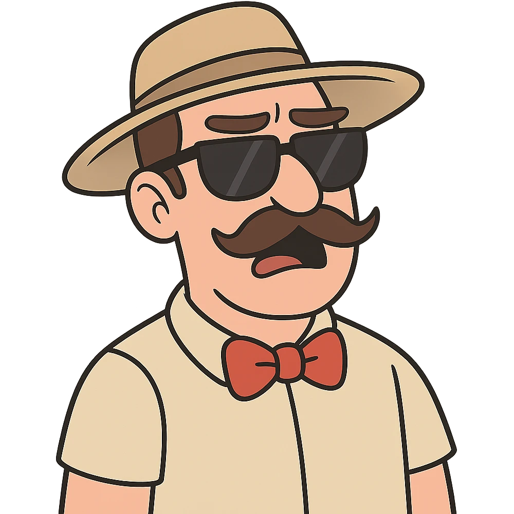 flat toon style hat, sunglasses, moustache, and bowtie emoji