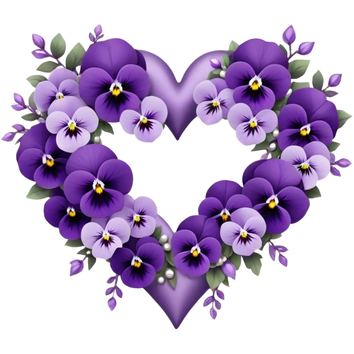 A meticulously crafted heart-shaped floral arrangement featuring deep lilac hues and delicate ice violet pansies, elegantly intertwined with amethyst-colored blossoms and soft pastel purple accents, rests gracefully upon a luxurious pearl satin fabric, shimmering under the light with intricate silver embellishments. emoji