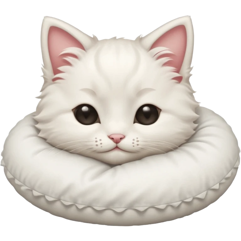 Stitch white fluffy kitten snuggling a pillow, cheeks rosy, eyes closed in > < shape emoji