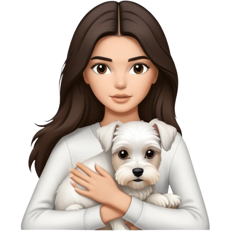 brunette Kendall Jenner with long hair holding on the hands white Schnauzer emoji