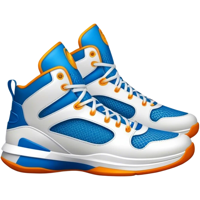 Cinematic Realistic image of a pair of basketball sneakers featuring detailed mesh and leather textures, vibrant color accents and dynamic design lines, illuminated by bold, high-energy arena lighting emoji