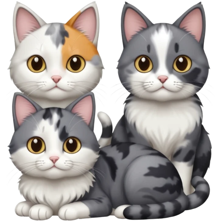 3 different coloured small cats including a dark grey and white, and a patchy calico and a solid grey with only white paws emoji