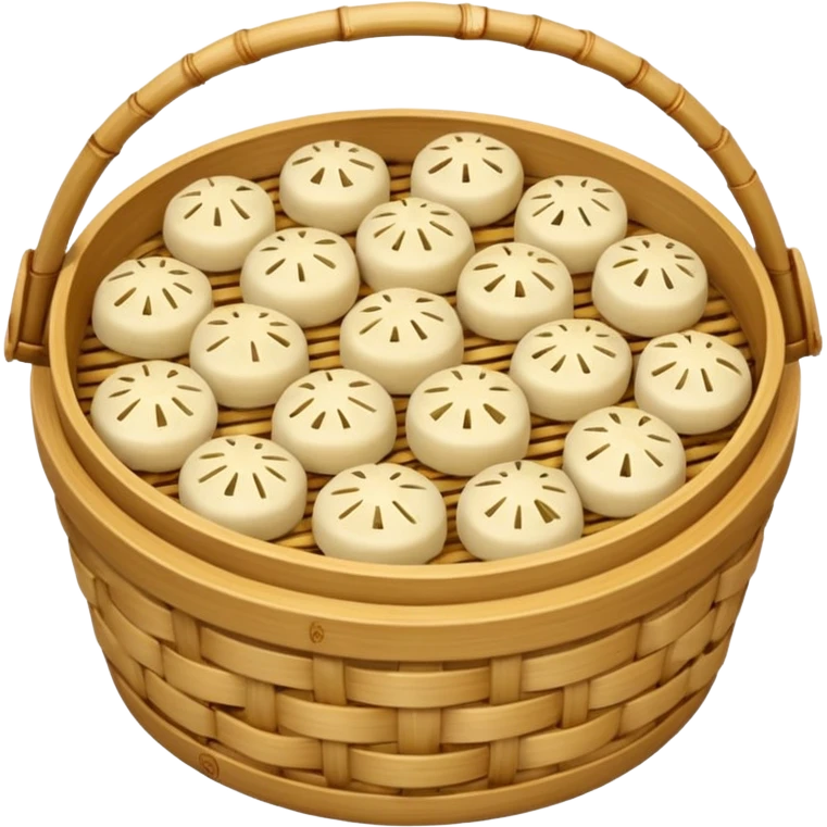 A bamboo steamer basket filled with tiny dumplings. emoji