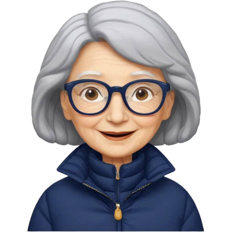 old wo man in navy puffy winter coat, wearing glasses emoji