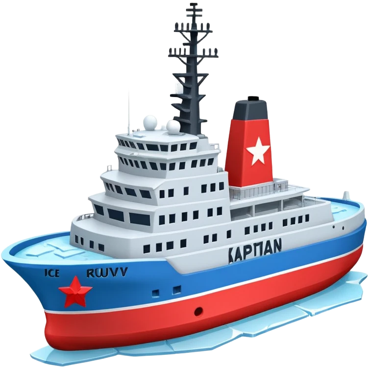 Realistic 3D icon of icebreaker "Kapitan Krutov" (grey hull, red star, white superstructure, "РОСМОРПОРТ" lettering). Soft winter lighting, 3/4 aerial view. Fractured blue ice, white background. High detail, photorealistic GSON style. emoji