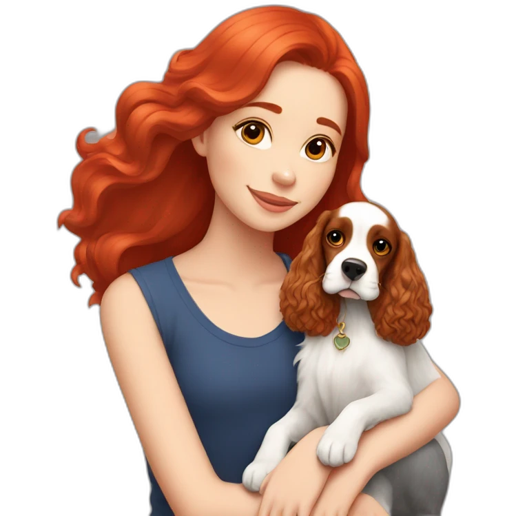 girl in long red hair sits with tricolor cocker spaniel emoji