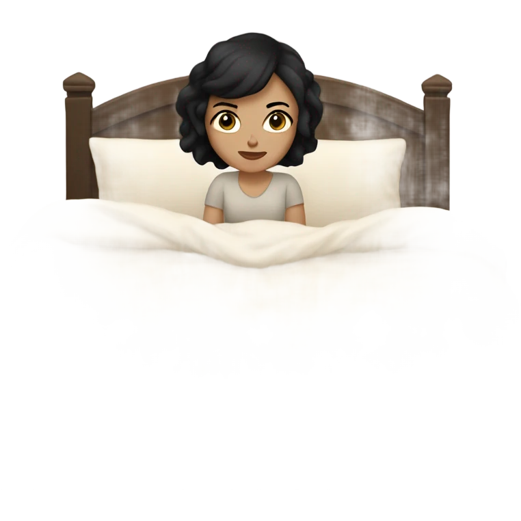 white girl with short black hair laying full body in a big bed with a beige comforter  emoji
