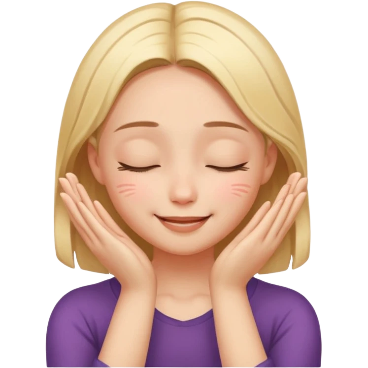 Девушка довольная своей кожей и состоянием. Руки ладонями касаются щек. Глаза закрыты, на губах улыбка emoji