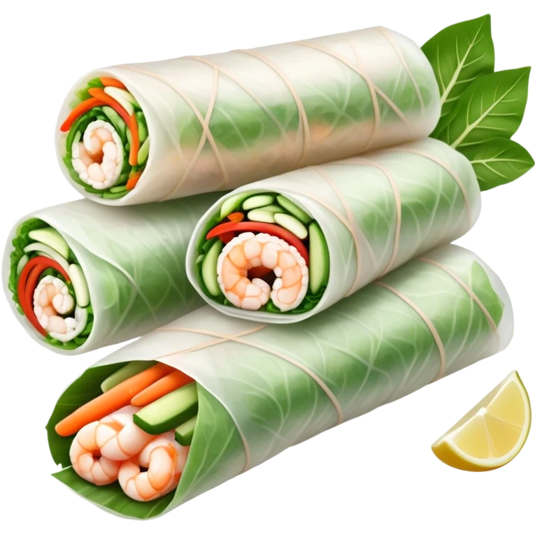 Cinematic Realistic Vietnamese Summer Rolls Dish Emoji, depicted with delicate rice paper wraps filled with fresh vegetables and shrimp rendered with crisp textures and refreshing lighting. emoji