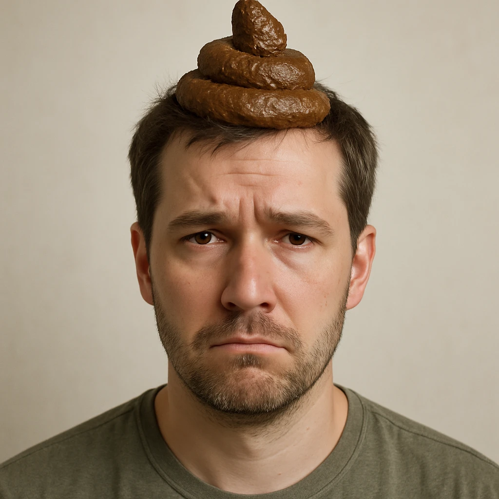hyper-realistic style, man with poop on his head, photographic detail, neutral background emoji