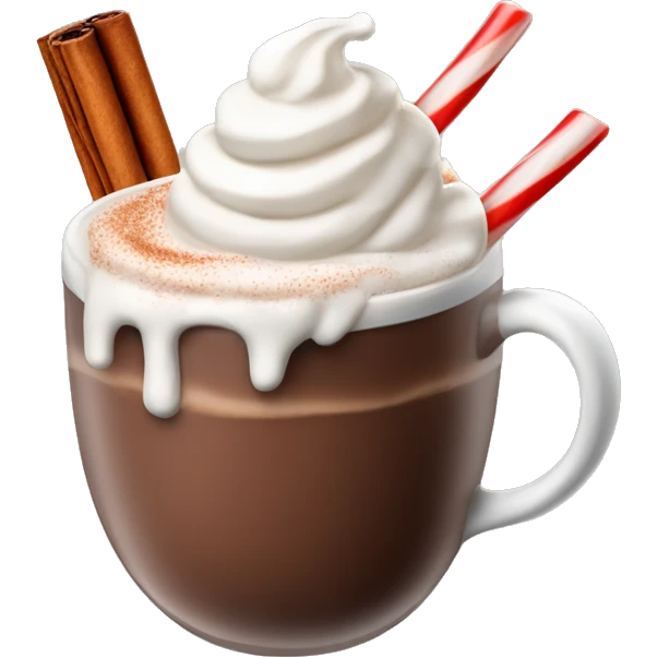 Hot chocolate with cinnamon stick and candy, cane, and whipped cream emoji