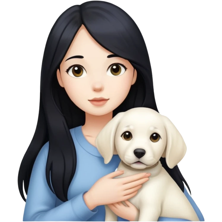 A beautiful girl with long black hair and fair skin is holding a white Labrador emoji