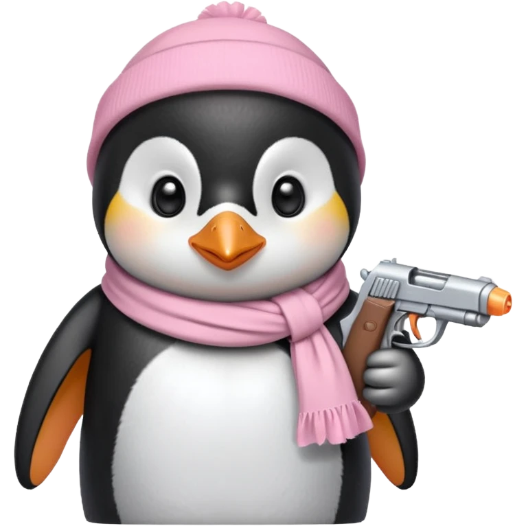 cute penguin wearing light pink bow scarf and holding light pink gun  emoji
