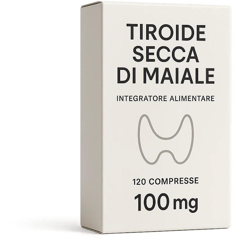 box of dietary supplement 'Tiroide Secca di Maiale', clean modern graphics, isolated on white, hyperrealistic 4K emoji