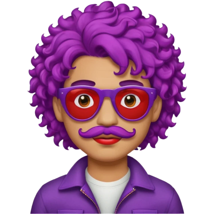 purple haired, curly big haired mexican boy with red sunglassess, vrey cool and lipstick and mstache emoji