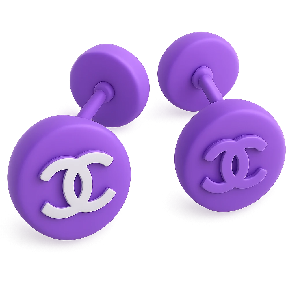 Glossy purple 3D emoji-style Chanel logo stud earrings with silver accents, elegant, no background. emoji