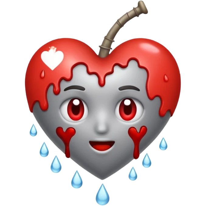 Un corazón roto de color gris con grietas  sangrando y expulsando sangre rodeado de vendas y tiritas que se despegan sin hacer efecto emoji