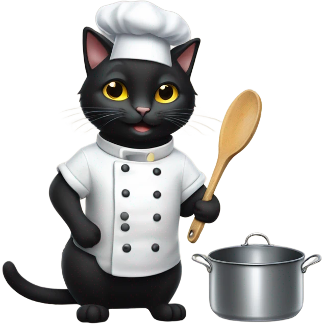 black cat with a chef hat holding a pot and a pan emoji