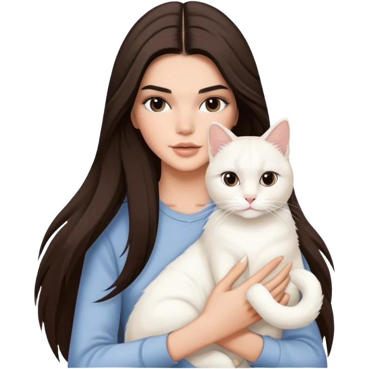 brunette Kendall Jenner with long hair holding on the hands white cat emoji