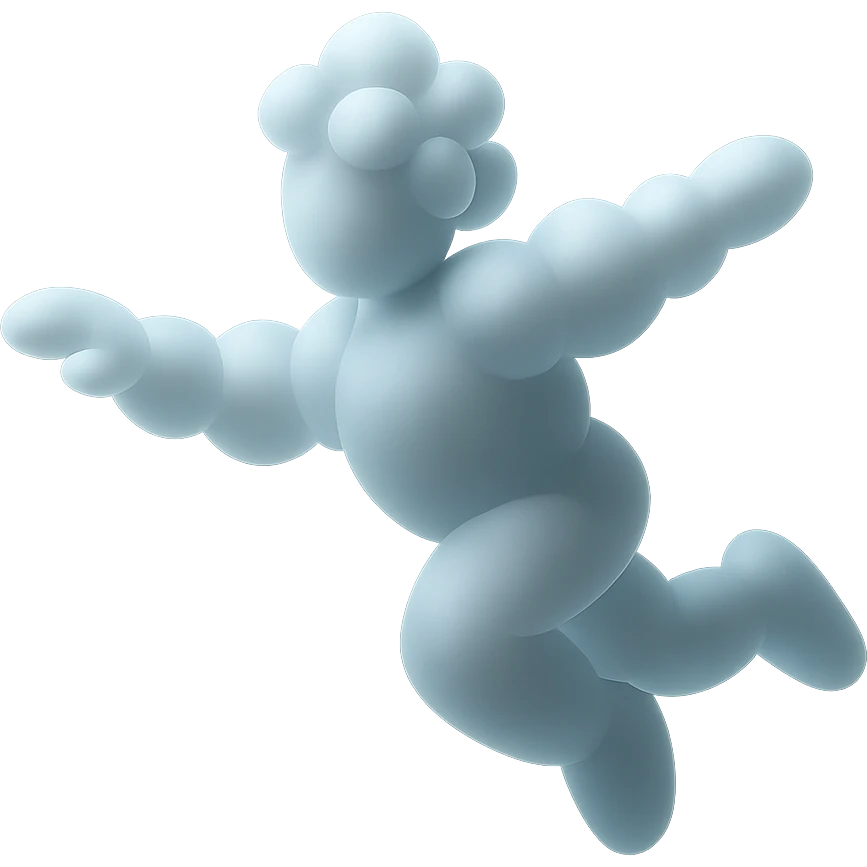 flying person made entirely of white convex clouds, matte glass style, concise, no background emoji