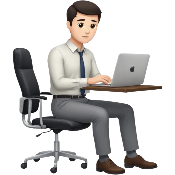 Rich man sitting on a office chair, working at desk, looking to laptop in shirt, dark hair, he is german very beautiful looks like, full body view emoji