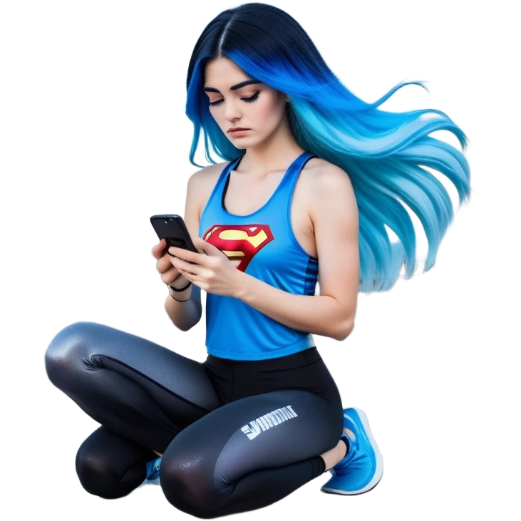 Shameful disappointed crying-very very very very big chest-texting on a samsung cell phone-very long straight flowing black to sky blue hair ombre-blue eyes-black eyeliner-long eyelashes-plastic sparkling sky blue very low cut tank top with sparkling superman logo-black leggings-nike sneakers emoji