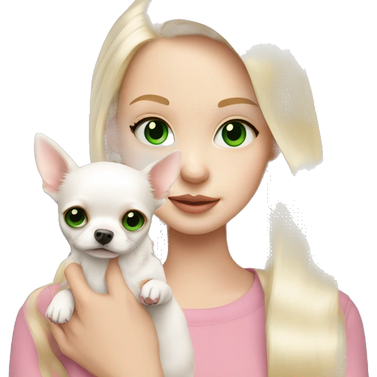 pale blond girl with long platinum hair with green eyes holding a white chihuahua puppy that wearing a pink bow emoji