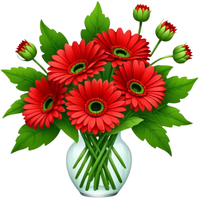 bouquet Bright Red Gerbera Daisy, luxuriant, leaf, bud emoji