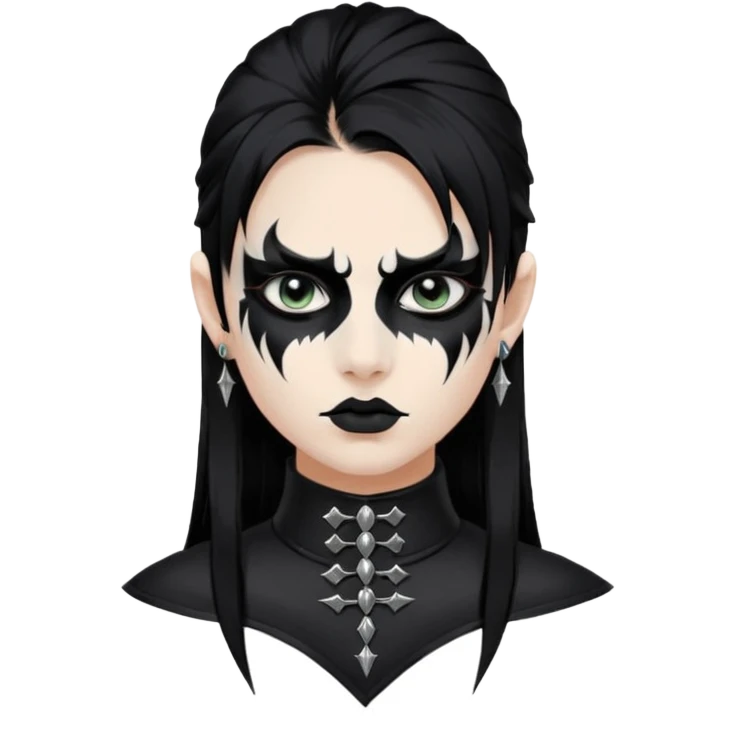Crea una ragazza con stile black metal,  paint face black metal, capelli neri mossi dalle spalle e occhi bianchi e un collare con borchie a punta emoji