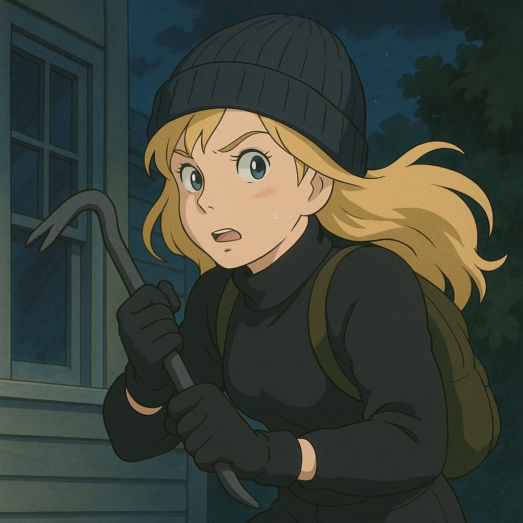 blonde woman burglar in a beanie, holding a crowbar, ghibli style emoji