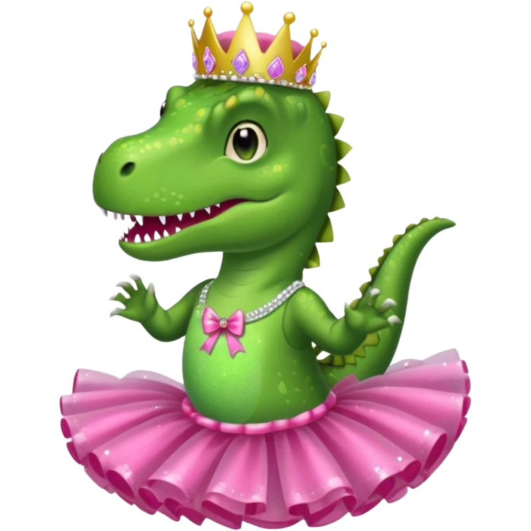 Trex wearing a tutu, tiara, and a pink glittery bow emoji