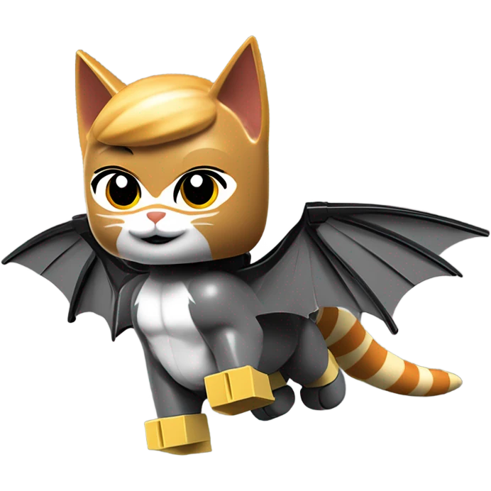 Lego Batman riding a Grey and black tabby kitten with white legs, razor sharp talons and wings of fire  emoji