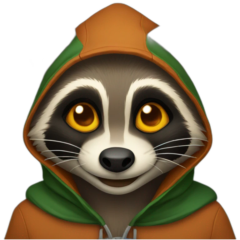brown raccoon with orange eyes and a dark green hood that is smiling emoji